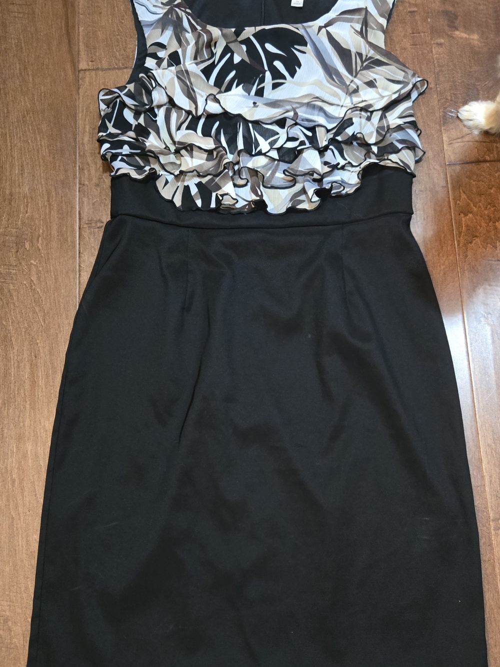 Dress Barn Black Midi Dress with Black, White and Gray Ruffled Bodice